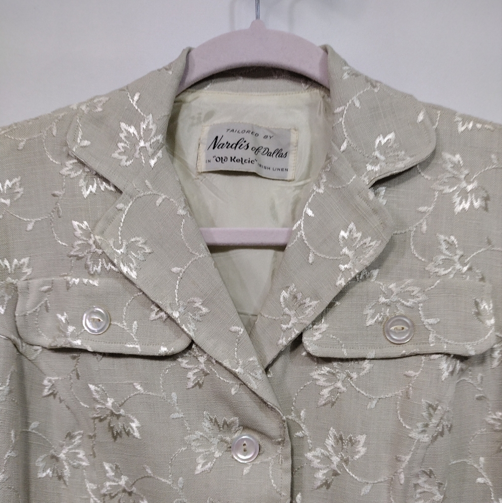 Vintage Nardis of Dallas Irish Linen Blazer Women's S Floral Embroidery 80s 90s - Picture 2 of 8